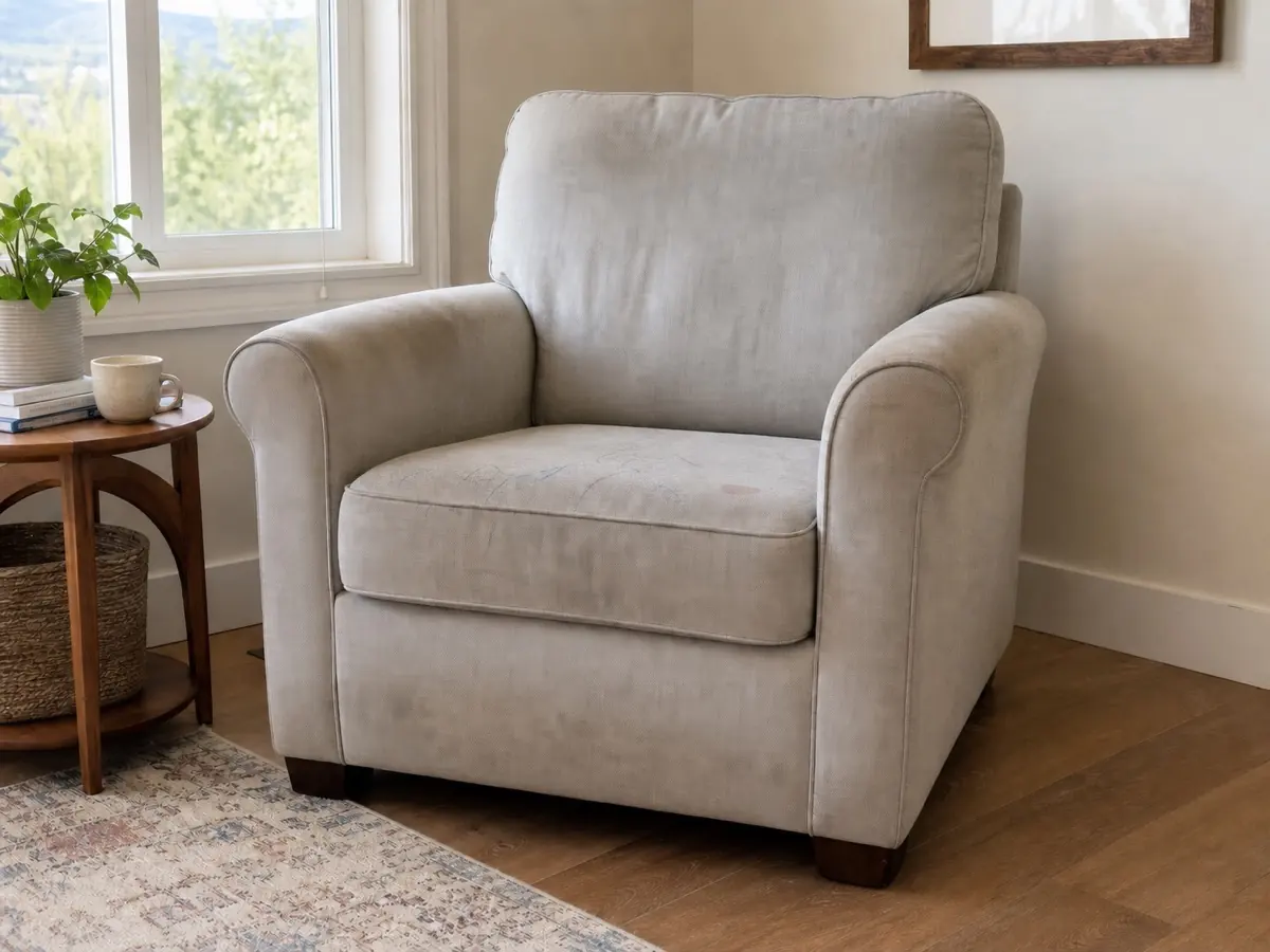Illustrative upholstered chair used to explain pet stain and odour assessment