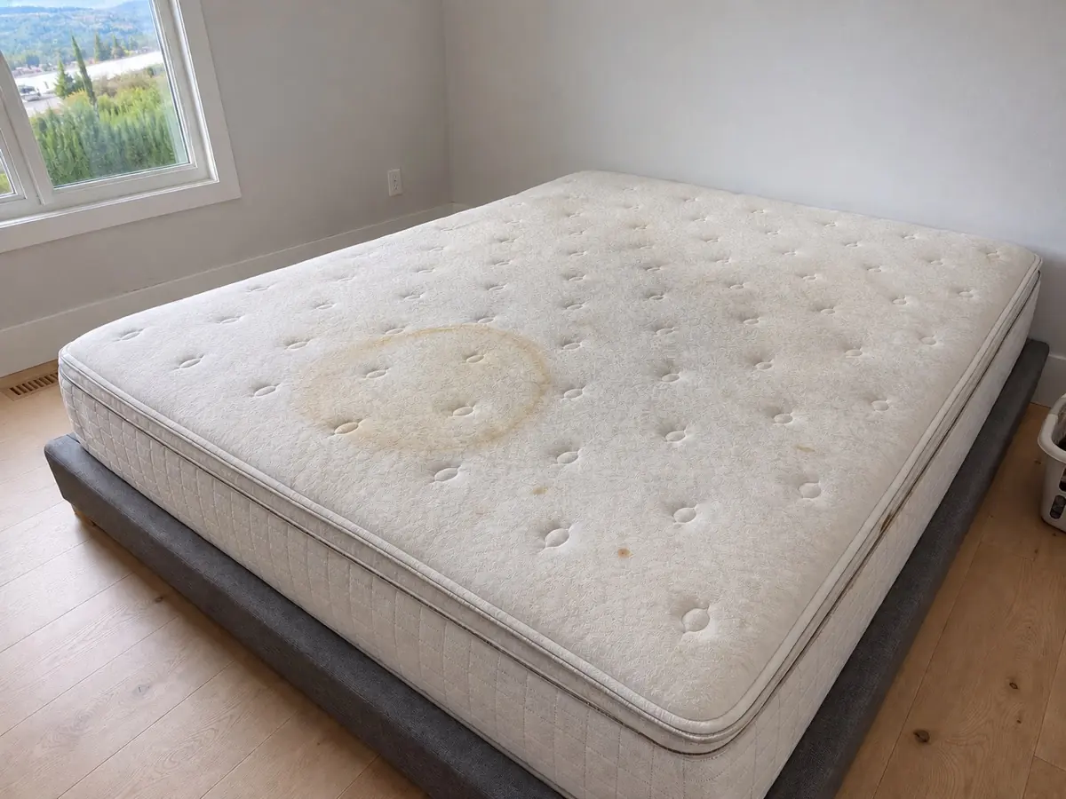 Illustrative queen mattress with a ring stain, yellowing and dulling before treatment