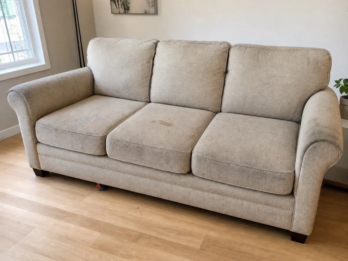 Illustrative family room sofa with marker, drink stains and everyday soil before treatment