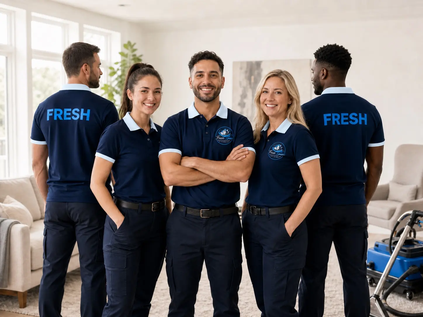 Brand concept showing the Fresh Space team in navy uniforms inside a bright home